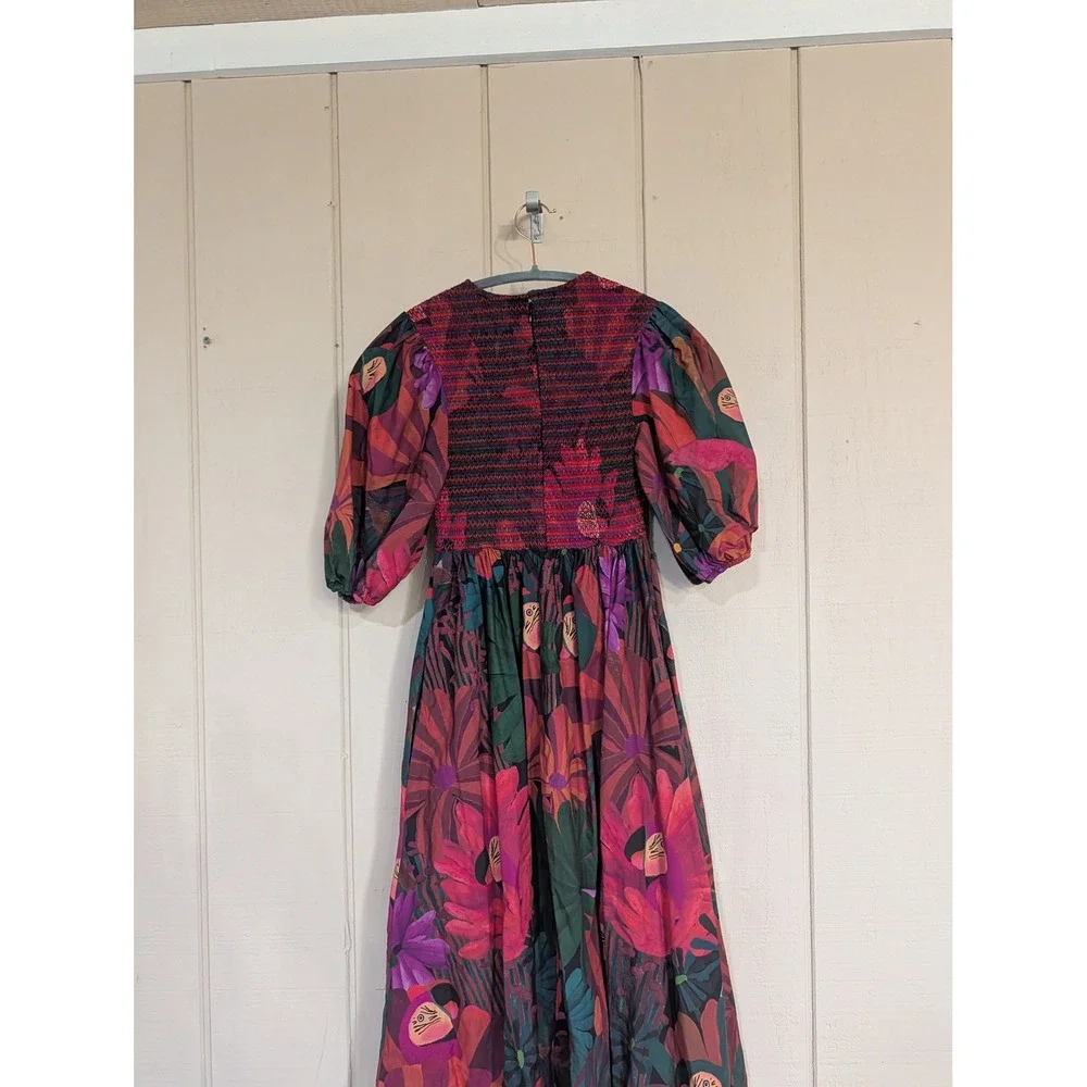 Farm Rio Dark Flowers Smocked Midi Dress Puff Sleeve Floral XS - Picture 12 of 16